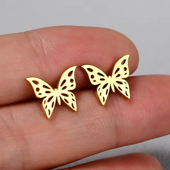 Gold Butterfly Earrings Stud Cute Minimalist Earrings Jewelry Gift for Her Steel - Picture 3 of 4